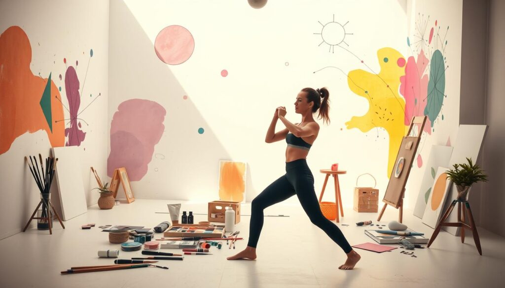 A person in a bright, airy studio space, surrounded by vibrant colors and dynamic shapes. In the foreground, they are mid-movement, engaging in a yoga or dance-like pose, expression focused and energized. In the middle ground, various art supplies and tools - paints, brushes, sketchpads, and more - are scattered across a clean, minimalist workspace. The background features abstract geometric patterns, lines, and splashes of color, conveying a sense of creative energy and inspiration. Soft, diffused natural lighting fills the scene, creating a warm, uplifting atmosphere. The overall composition suggests a harmonious interplay between physical exercise and artistic expression. A person in a bright, airy studio space, surrounded by vibrant colors and dynamic shapes. In the foreground, they are mid-movement, engaging in a yoga or dance-like pose, expression focused and energized. In the middle ground, various art supplies and tools - paints, brushes, sketchpads, and more - are scattered across a clean, minimalist workspace. The background features abstract geometric patterns, lines, and splashes of color, conveying a sense of creative energy and inspiration. Soft, diffused natural lighting fills the scene, creating a warm, uplifting atmosphere. The overall composition suggests a harmonious interplay between physical exercise and artistic expression.