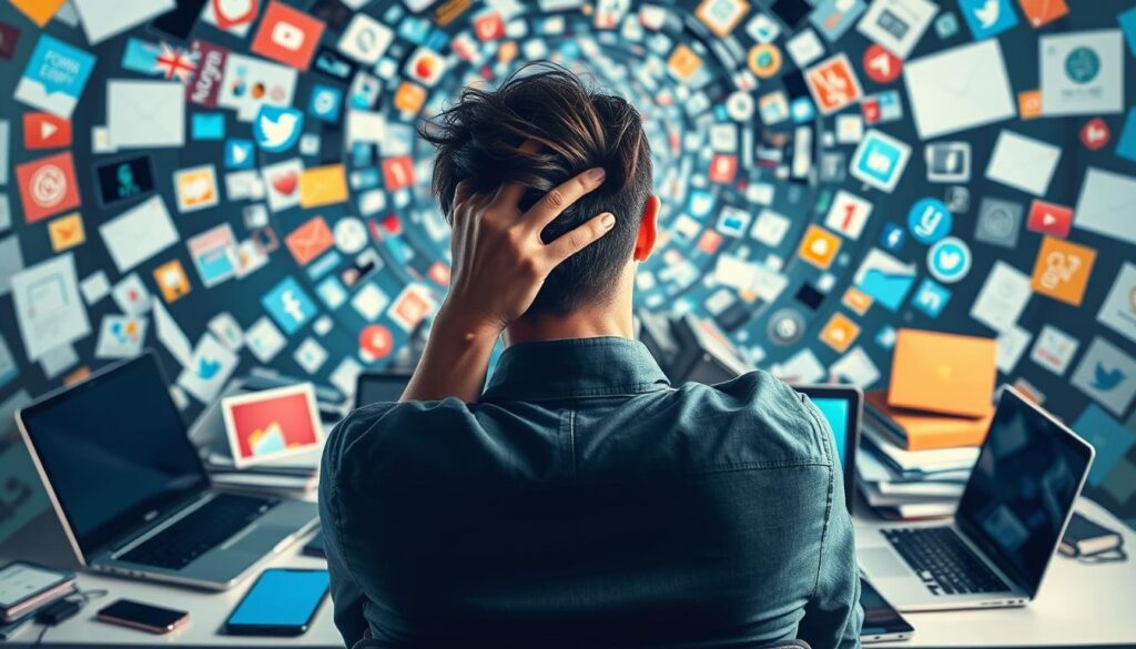 A person sitting at a desk, overwhelmed by a jumble of digital devices and notifications. The foreground shows a hand grasping the head in frustration, eyes strained from the bright screens. The middle ground features a cluttered workspace with laptops, smartphones, and tablets spilling over the edges. In the background, a swirling vortex of social media icons, email alerts, and app notifications creates a sense of digital chaos. Harsh lighting casts sharp shadows, conveying the stress and fatigue of constant digital stimulation. The image evokes the feeling of being trapped in a state of information overload, characteristic of the symptoms of digital burnout. A person sitting at a desk, overwhelmed by a jumble of digital devices and notifications. The foreground shows a hand grasping the head in frustration, eyes strained from the bright screens. The middle ground features a cluttered workspace with laptops, smartphones, and tablets spilling over the edges. In the background, a swirling vortex of social media icons, email alerts, and app notifications creates a sense of digital chaos. Harsh lighting casts sharp shadows, conveying the stress and fatigue of constant digital stimulation. The image evokes the feeling of being trapped in a state of information overload, characteristic of the symptoms of digital burnout.