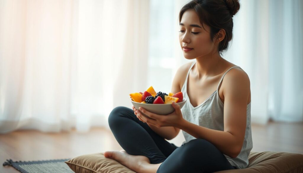 A person sitting cross-legged on a cushion, mindfully savoring a bowl of fresh, vibrant fruits. Soft, warm lighting illuminates the scene, creating an atmosphere of calm reflection. The person's gaze is focused inward, their expression serene, as they fully engage with the textures, colors, and flavors of the food. The background is blurred, suggesting a peaceful, distraction-free environment conducive to present-moment awareness. The composition emphasizes the simplicity and beauty of the moment, inviting the viewer to pause and appreciate the joy of nourishing the body and mind through attentive, unhurried eating. A person sitting cross-legged on a cushion, mindfully savoring a bowl of fresh, vibrant fruits. Soft, warm lighting illuminates the scene, creating an atmosphere of calm reflection. The person's gaze is focused inward, their expression serene, as they fully engage with the textures, colors, and flavors of the food. The background is blurred, suggesting a peaceful, distraction-free environment conducive to present-moment awareness. The composition emphasizes the simplicity and beauty of the moment, inviting the viewer to pause and appreciate the joy of nourishing the body and mind through attentive, unhurried eating.