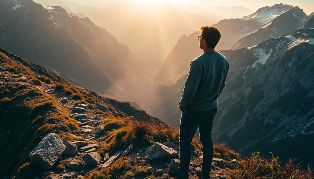 A person standing atop a mountain, facing a vast, rugged landscape. The sun casts a warm, golden glow, illuminating the individual's determined expression as they survey the obstacles ahead. In the foreground, a winding path leads up the mountain, with fallen boulders and thick vegetation obstructing the way. The middle ground features a treacherous ravine, its depths shrouded in mist. In the background, towering peaks reach towards the heavens, their snow-capped summits a testament to the magnitude of the challenge. The overall mood is one of resolve and triumph, conveying the idea of overcoming adversity through resilience and perseverance. A person standing atop a mountain, facing a vast, rugged landscape. The sun casts a warm, golden glow, illuminating the individual's determined expression as they survey the obstacles ahead. In the foreground, a winding path leads up the mountain, with fallen boulders and thick vegetation obstructing the way. The middle ground features a treacherous ravine, its depths shrouded in mist. In the background, towering peaks reach towards the heavens, their snow-capped summits a testament to the magnitude of the challenge. The overall mood is one of resolve and triumph, conveying the idea of overcoming adversity through resilience and perseverance.