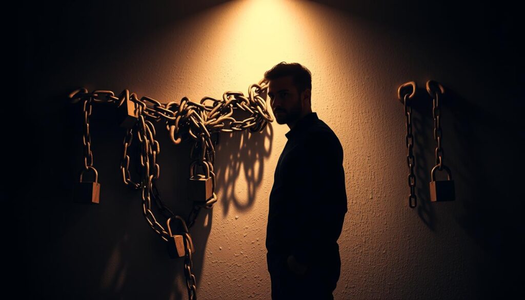 A person standing before a wall of shackles and chains, symbolizing their struggle to break free from bad habits. The foreground features the person, silhouetted against a bright, warm light, their posture determined and resolute. The middle ground depicts the shackles and chains, tangled and rusted, representing the hold of bad habits. The background is a dimly lit, monochromatic wall, adding a sense of confinement and the need for change. The lighting is dramatic, with shadows casting a sense of depth and intensity. The lens is positioned to capture the person's determined expression, conveying the challenge and triumph of breaking bad habits. A person standing before a wall of shackles and chains, symbolizing their struggle to break free from bad habits. The foreground features the person, silhouetted against a bright, warm light, their posture determined and resolute. The middle ground depicts the shackles and chains, tangled and rusted, representing the hold of bad habits. The background is a dimly lit, monochromatic wall, adding a sense of confinement and the need for change. The lighting is dramatic, with shadows casting a sense of depth and intensity. The lens is positioned to capture the person's determined expression, conveying the challenge and triumph of breaking bad habits.