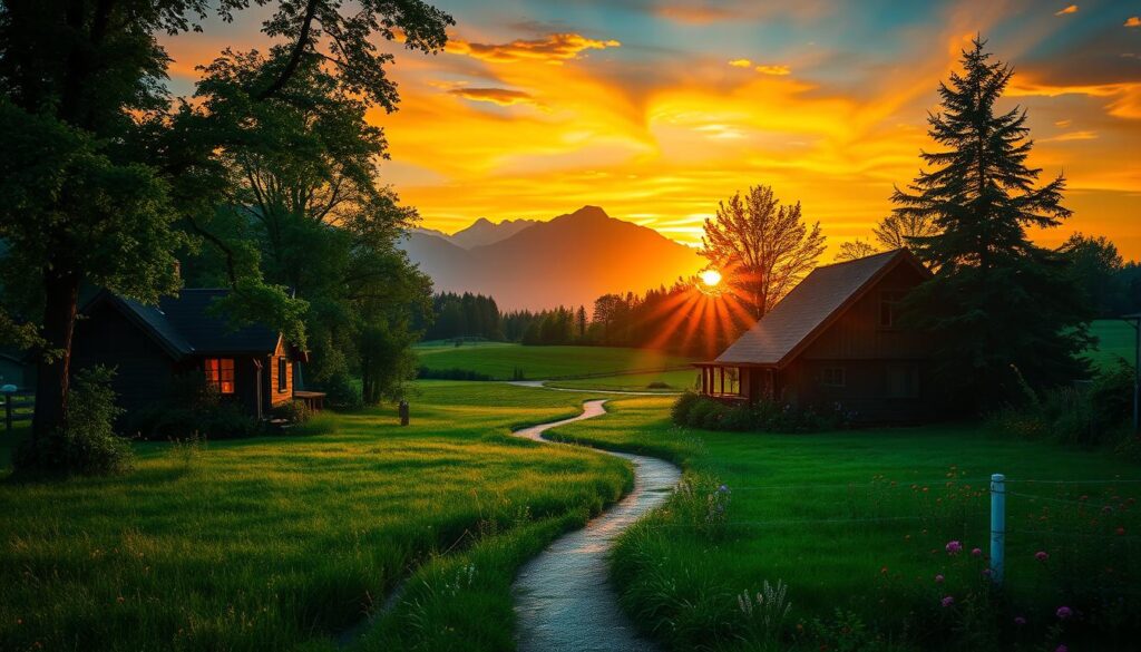 A picturesque scene of a serene countryside, bathed in the warm glow of a golden sunset. In the foreground, a cozy cottage nestled among lush, verdant foliage, its windows aglow with an inviting, soft light. A winding path leads through the verdant meadow, lined with vibrant wildflowers, inviting the viewer to embark on a journey of exploration and discovery. In the distance, a majestic mountain range rises, its peaks silhouetted against the vibrant, painted sky. A sense of tranquility and inspiration permeates the scene, evoking a profound sense of wonder and creative potential. Dramatic lighting, with rays of sunlight filtering through the trees, creates a magical, enchanting atmosphere. A 50mm lens captures the scene with a shallow depth of field, focusing the viewer's attention on the cottage and its surroundings. A picturesque scene of a serene countryside, bathed in the warm glow of a golden sunset. In the foreground, a cozy cottage nestled among lush, verdant foliage, its windows aglow with an inviting, soft light. A winding path leads through the verdant meadow, lined with vibrant wildflowers, inviting the viewer to embark on a journey of exploration and discovery. In the distance, a majestic mountain range rises, its peaks silhouetted against the vibrant, painted sky. A sense of tranquility and inspiration permeates the scene, evoking a profound sense of wonder and creative potential. Dramatic lighting, with rays of sunlight filtering through the trees, creates a magical, enchanting atmosphere. A 50mm lens captures the scene with a shallow depth of field, focusing the viewer's attention on the cottage and its surroundings.