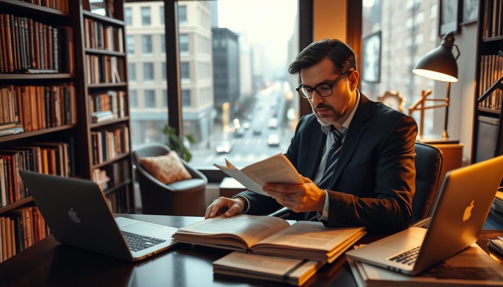 A professional literary agent sits at their desk, poring over manuscripts and papers, a focused expression on their face. The office is filled with bookshelves, a cozy reading nook, and a laptop indicating their digital workflow. Warm, golden lighting casts a contemplative atmosphere, and a large window provides a view of a bustling city street outside, hinting at the agent's connections and access to the publishing industry. The agent's pose conveys deep consideration and expertise, embodying the role of a gatekeeper and advocate for emerging authors.