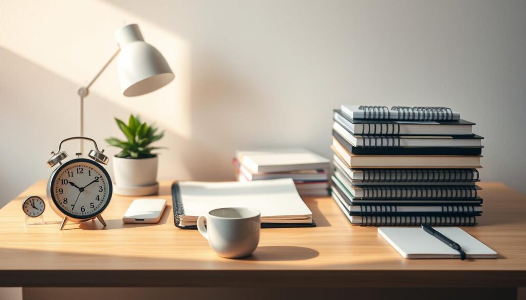 A serene and organized workspace, with a desk neatly arranged with various time management tools. In the foreground, a set of analog and digital clocks, a planner, and a stack of notebooks sit alongside a cup of coffee. The middle ground features a minimalist lamp and a potted plant, creating a calming and focused atmosphere. The background is a softly lit, neutral-toned wall, evoking a sense of tranquility and productivity. Warm, natural lighting casts gentle shadows, highlighting the deliberate and intentional nature of the scene. The overall composition conveys a sense of control, efficiency, and a well-structured approach to managing one's time. A serene and organized workspace, with a desk neatly arranged with various time management tools. In the foreground, a set of analog and digital clocks, a planner, and a stack of notebooks sit alongside a cup of coffee. The middle ground features a minimalist lamp and a potted plant, creating a calming and focused atmosphere. The background is a softly lit, neutral-toned wall, evoking a sense of tranquility and productivity. Warm, natural lighting casts gentle shadows, highlighting the deliberate and intentional nature of the scene. The overall composition conveys a sense of control, efficiency, and a well-structured approach to managing one's time.