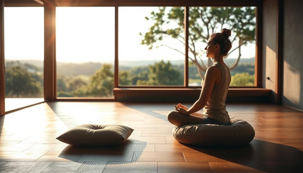 A serene and tranquil meditation scene. In the foreground, a person sits cross-legged on a plush meditation cushion, eyes closed, hands resting gently on their lap. Soft, warm lighting filters through large windows, casting a calming glow. The middle ground features a minimal, zen-inspired space with clean lines and natural textures, such as wood and stone. In the background, a lush, verdant landscape with swaying trees and a distant horizon creates a sense of depth and connection to nature. The atmosphere is one of deep focus, inner peace, and mindful presence.