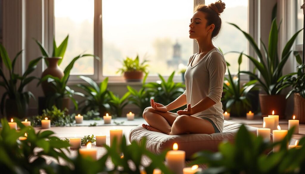 A serene and tranquil scene of a person practicing mindfulness techniques. In the foreground, a person sits cross-legged on a plush meditation cushion, their eyes closed and hands resting gently in their lap, exuding a sense of inner peace and calm. The middle ground is filled with lush, verdant plants and a scattering of meditation candles, casting a warm, soft glow. In the background, a large window overlooking a peaceful garden or natural landscape, allowing natural light to flood the space. The overall atmosphere is one of stillness, introspection, and a deep connection with the present moment. A serene and tranquil scene of a person practicing mindfulness techniques. In the foreground, a person sits cross-legged on a plush meditation cushion, their eyes closed and hands resting gently in their lap, exuding a sense of inner peace and calm. The middle ground is filled with lush, verdant plants and a scattering of meditation candles, casting a warm, soft glow. In the background, a large window overlooking a peaceful garden or natural landscape, allowing natural light to flood the space. The overall atmosphere is one of stillness, introspection, and a deep connection with the present moment.