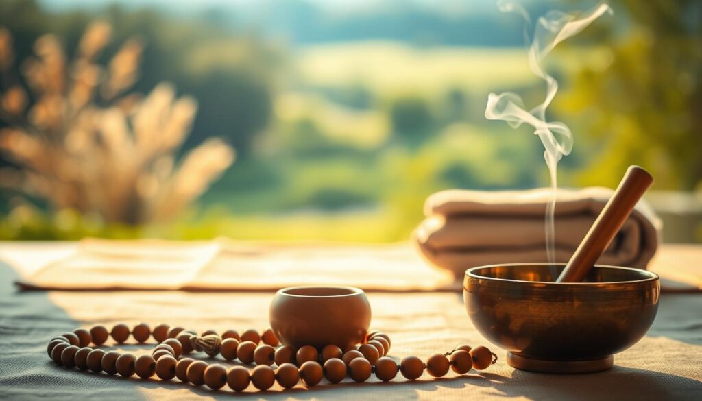 A serene arrangement of meditation tools, bathed in warm, diffused lighting. In the foreground, a mala of wooden beads, a singing bowl, and a small ceramic incense holder emit a wisp of fragrant smoke. In the middle ground, a plush meditation cushion and a neatly folded blanket invite a mindful pause. The background is a softly blurred landscape, hinting at a tranquil outdoor setting, perhaps a garden or a forest glade. The overall mood is one of quiet contemplation, inviting the viewer to imagine themselves in a moment of profound relaxation and inner focus.