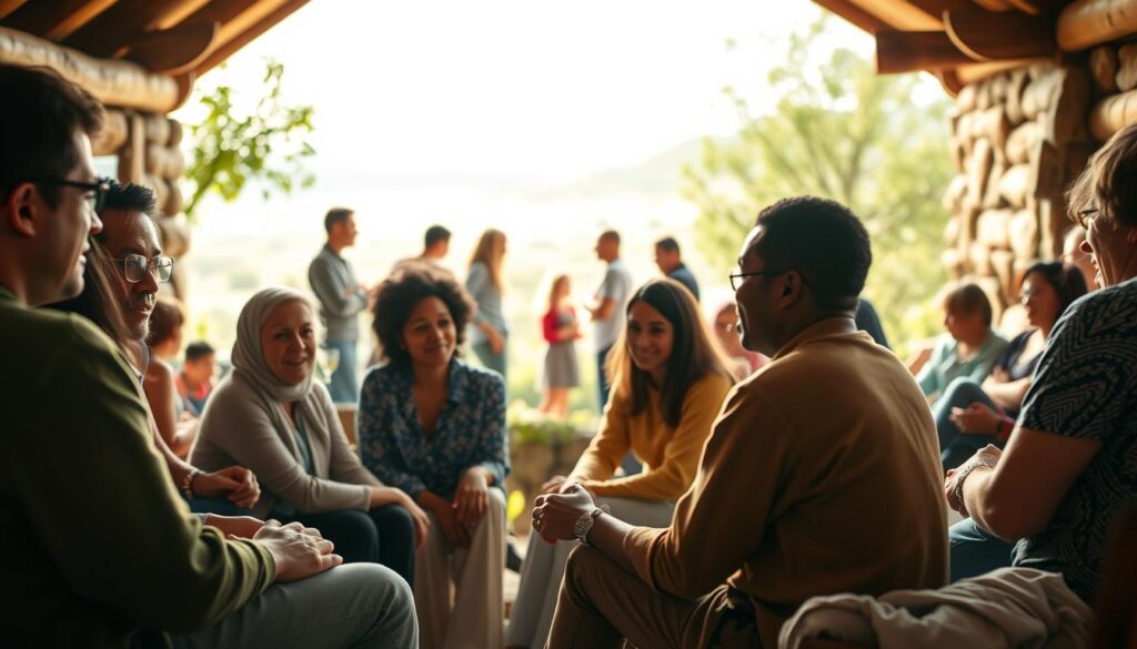 A serene community gathering, with people of diverse backgrounds engaged in thoughtful discussion. A warm, soft-lit setting, with natural textures like wood and stone, creating an atmosphere of trust and authenticity. In the foreground, a small group sits in a circle, their body language open and their faces animated, as they share personal experiences and ideas. In the middle ground, others mingle and converse, their expressions reflecting a sense of connection and belonging. In the background, a harmonious landscape unfolds, hinting at the community's roots and shared values. The overall mood is one of introspection, collaboration, and a shared journey of personal growth. A serene community gathering, with people of diverse backgrounds engaged in thoughtful discussion. A warm, soft-lit setting, with natural textures like wood and stone, creating an atmosphere of trust and authenticity. In the foreground, a small group sits in a circle, their body language open and their faces animated, as they share personal experiences and ideas. In the middle ground, others mingle and converse, their expressions reflecting a sense of connection and belonging. In the background, a harmonious landscape unfolds, hinting at the community's roots and shared values. The overall mood is one of introspection, collaboration, and a shared journey of personal growth.