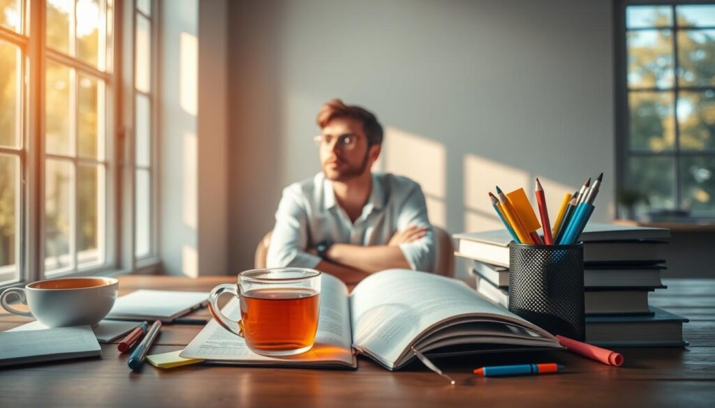 A serene, contemplative workspace with an open notebook, a cup of tea, and a variety of learning tools - pens, highlighters, sticky notes. Warm, natural lighting filters through large windows, casting a soft glow on the scene. The setting conveys a sense of focus, curiosity, and a willingness to embrace the journey of continuous learning. In the center, a person sits absorbed in thought, their expression one of engaged concentration, representing the "learning mindset" - a mindset of openness, adaptability, and a desire to expand one's knowledge and skills. A serene, contemplative workspace with an open notebook, a cup of tea, and a variety of learning tools - pens, highlighters, sticky notes. Warm, natural lighting filters through large windows, casting a soft glow on the scene. The setting conveys a sense of focus, curiosity, and a willingness to embrace the journey of continuous learning. In the center, a person sits absorbed in thought, their expression one of engaged concentration, representing the "learning mindset" - a mindset of openness, adaptability, and a desire to expand one's knowledge and skills.