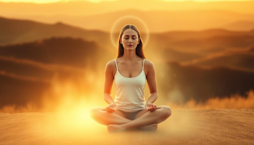 A serene figure sits cross-legged, enveloped in a warm, soft light. The background is a tranquil landscape with rolling hills and a distant horizon. Wisps of ethereal energy emanate from the person, conveying a sense of inner peace and self-acceptance. The pose is one of contemplation, with the hands resting gently in the lap, palms facing upward in a gesture of openness and receptiveness. A subtle halo-like aura surrounds the figure, symbolizing the radiance of self-compassion. The overall atmosphere is one of introspection, emotional healing, and the nurturing of the creative spirit. A serene figure sits cross-legged, enveloped in a warm, soft light. The background is a tranquil landscape with rolling hills and a distant horizon. Wisps of ethereal energy emanate from the person, conveying a sense of inner peace and self-acceptance. The pose is one of contemplation, with the hands resting gently in the lap, palms facing upward in a gesture of openness and receptiveness. A subtle halo-like aura surrounds the figure, symbolizing the radiance of self-compassion. The overall atmosphere is one of introspection, emotional healing, and the nurturing of the creative spirit.