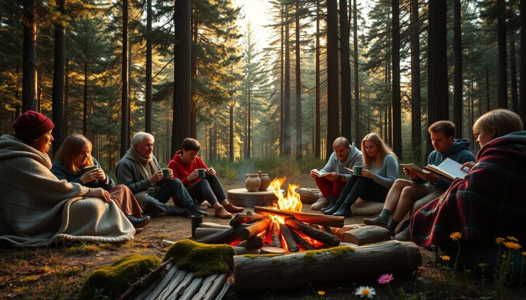 A serene forest clearing, bathed in warm, golden sunlight filtering through the canopy. In the foreground, a cozy group of people engaged in various hygge-inspired outdoor activities - sipping hot drinks from sturdy mugs, wrapped in plush blankets, and reading books or playing simple, nostalgic games. The middle ground showcases a crackling campfire, its flames casting a comforting glow, surrounded by natural elements like moss-covered logs and wildflowers. In the background, towering pine trees sway gently, creating a sense of tranquility and connection with nature. The overall atmosphere is one of peaceful relaxation, mindfulness, and the joy of simplicity. A serene forest clearing, bathed in warm, golden sunlight filtering through the canopy. In the foreground, a cozy group of people engaged in various hygge-inspired outdoor activities - sipping hot drinks from sturdy mugs, wrapped in plush blankets, and reading books or playing simple, nostalgic games. The middle ground showcases a crackling campfire, its flames casting a comforting glow, surrounded by natural elements like moss-covered logs and wildflowers. In the background, towering pine trees sway gently, creating a sense of tranquility and connection with nature. The overall atmosphere is one of peaceful relaxation, mindfulness, and the joy of simplicity.
