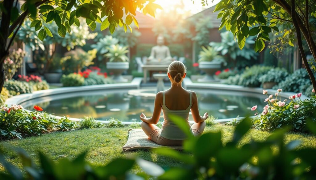 A serene garden oasis, with a tranquil pond at the center, surrounded by lush greenery and blooming flowers. In the foreground, a person sits cross-legged on a meditation cushion, their eyes closed in contemplation. Soft, warm lighting filters through the leaves, creating a calming ambiance. The overall scene exudes a sense of inner peace and mindfulness, inviting the viewer to pause and reflect. A wide-angle lens captures the harmonious composition, highlighting the balance between the natural elements and the person's introspective practice. A serene garden oasis, with a tranquil pond at the center, surrounded by lush greenery and blooming flowers. In the foreground, a person sits cross-legged on a meditation cushion, their eyes closed in contemplation. Soft, warm lighting filters through the leaves, creating a calming ambiance. The overall scene exudes a sense of inner peace and mindfulness, inviting the viewer to pause and reflect. A wide-angle lens captures the harmonious composition, highlighting the balance between the natural elements and the person's introspective practice.