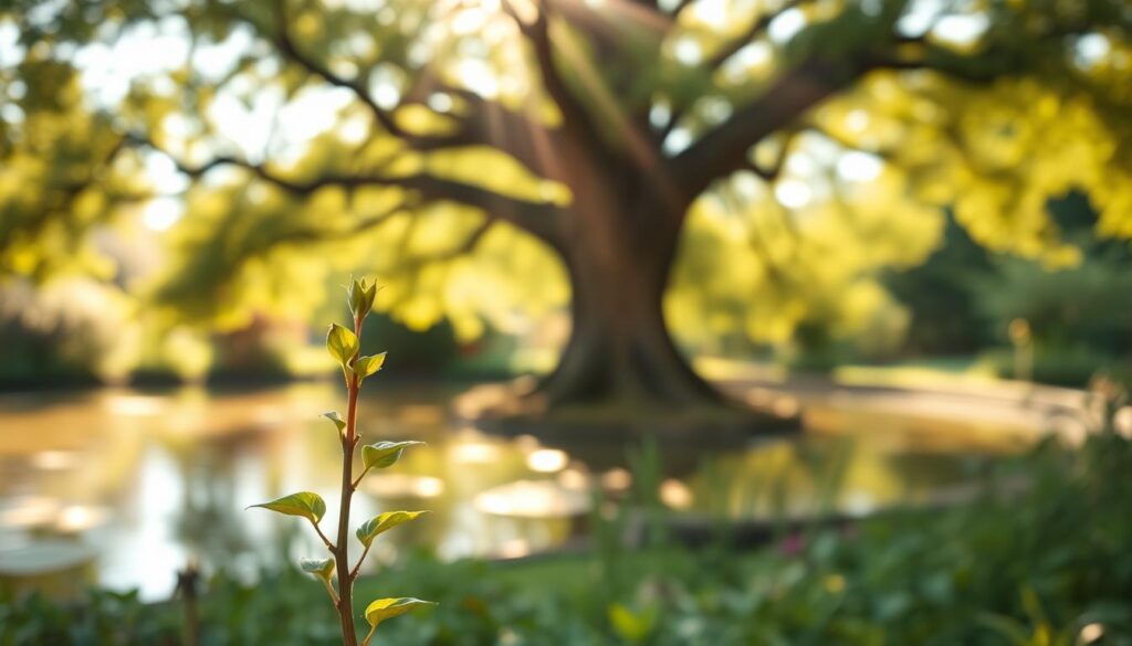 A serene garden scene bathed in soft, natural light. In the foreground, a young sapling reaches skyward, its tender leaves unfurling with vibrant greens. Behind it, a lush, flourishing tree stands tall, its branches stretching out in a gesture of growth and transformation. The background features a tranquil pond, its calm surface reflecting the surrounding foliage and the warm, golden tones of the sky. Rays of sunlight filter through the leaves, creating a sense of warmth and possibility. The overall atmosphere conveys a sense of renewal, potential, and the power of a growth mindset. A serene garden scene bathed in soft, natural light. In the foreground, a young sapling reaches skyward, its tender leaves unfurling with vibrant greens. Behind it, a lush, flourishing tree stands tall, its branches stretching out in a gesture of growth and transformation. The background features a tranquil pond, its calm surface reflecting the surrounding foliage and the warm, golden tones of the sky. Rays of sunlight filter through the leaves, creating a sense of warmth and possibility. The overall atmosphere conveys a sense of renewal, potential, and the power of a growth mindset.