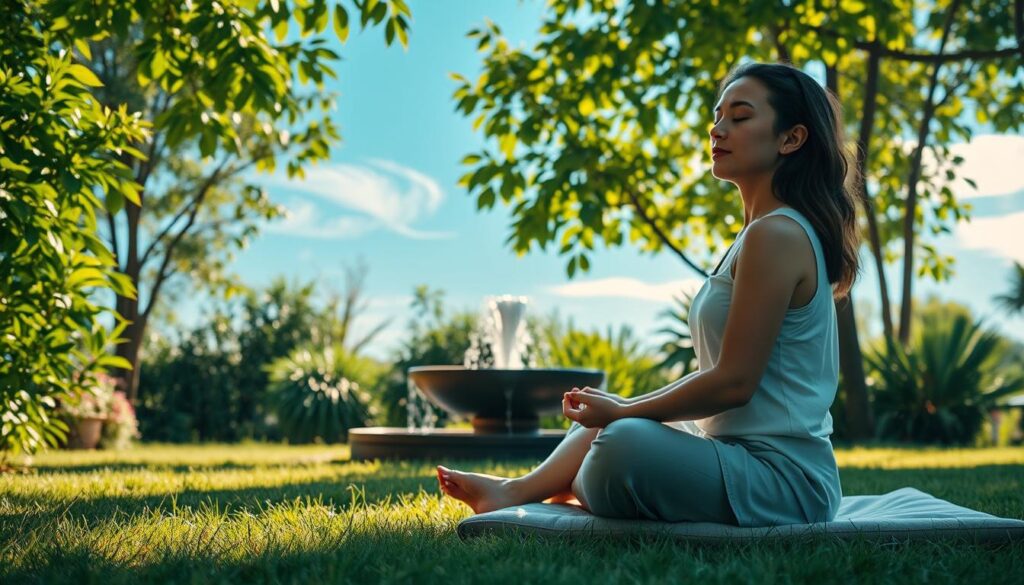 A serene garden setting, with a person sitting cross-legged on a meditation cushion, their eyes closed and hands resting gently in their lap. Soft natural lighting filters through lush greenery, casting a warm, calming glow. In the middle ground, a small fountain gently cascades, its soothing sounds adding to the tranquil atmosphere. In the background, a few wispy clouds drift across a clear, azure sky. The overall scene evokes a sense of mindfulness, introspection, and a detachment from the digital world. A serene garden setting, with a person sitting cross-legged on a meditation cushion, their eyes closed and hands resting gently in their lap. Soft natural lighting filters through lush greenery, casting a warm, calming glow. In the middle ground, a small fountain gently cascades, its soothing sounds adding to the tranquil atmosphere. In the background, a few wispy clouds drift across a clear, azure sky. The overall scene evokes a sense of mindfulness, introspection, and a detachment from the digital world.