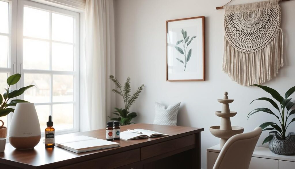 A serene home office with a large window, soft natural lighting, and an organized desk displaying various stress management tools - a diffuser with calming essential oils, a mindfulness journal, a meditation cushion, and a small water fountain. On the wall, a framed botanical print and a minimalist wall hanging create a calming, restorative atmosphere. The scene conveys a sense of tranquility and balance, inviting the viewer to pause, reflect, and find their own strategies for managing stress. A serene home office with a large window, soft natural lighting, and an organized desk displaying various stress management tools - a diffuser with calming essential oils, a mindfulness journal, a meditation cushion, and a small water fountain. On the wall, a framed botanical print and a minimalist wall hanging create a calming, restorative atmosphere. The scene conveys a sense of tranquility and balance, inviting the viewer to pause, reflect, and find their own strategies for managing stress.