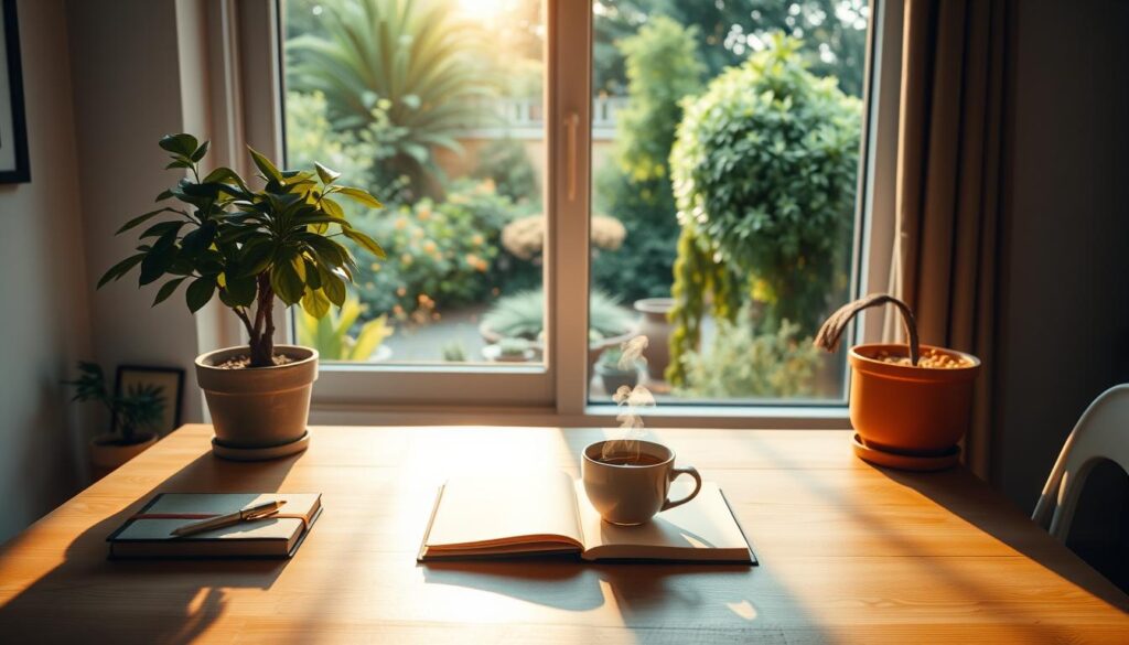 A serene home office with a minimalist desk, a potted plant, and a large window overlooking a lush garden. Warm, natural lighting filters through the glass, casting a soft glow on the workspace. On the desk, a journal, a pen, and a cup of steaming tea, symbolizing intentional productivity and mindfulness. The overall atmosphere exudes a sense of focus, calm, and purposeful living. A serene home office with a minimalist desk, a potted plant, and a large window overlooking a lush garden. Warm, natural lighting filters through the glass, casting a soft glow on the workspace. On the desk, a journal, a pen, and a cup of steaming tea, symbolizing intentional productivity and mindfulness. The overall atmosphere exudes a sense of focus, calm, and purposeful living.
