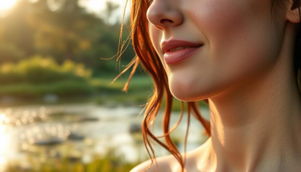 A serene, hydrating landscape showcasing the connection between skin health and optimal hydration. In the foreground, a close-up of radiant, youthful skin glowing with a dewy, nourished complexion. In the middle ground, a tranquil natural setting with lush greenery, glistening water droplets, and a calming pond or lake. The background features a softly lit, hazy sky, creating a soothing, ethereal atmosphere. The lighting is warm and diffused, accentuating the skin's luminosity and the overall sense of rejuvenation. The composition and camera angle highlight the symbiotic relationship between hydration and vibrant, healthy skin.