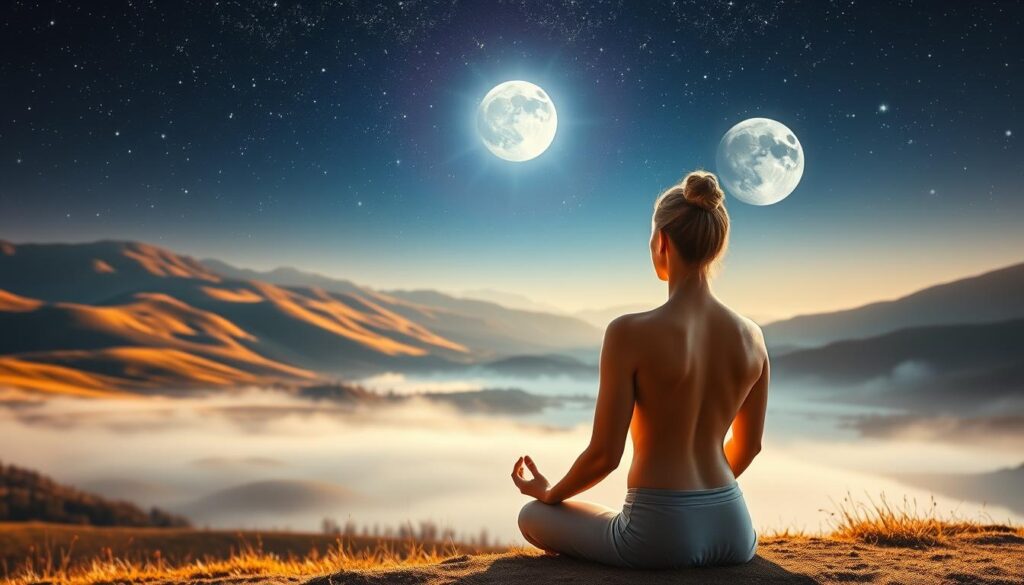 A serene landscape of rolling hills and a tranquil lake, bathed in soft, warm lighting. In the foreground, a person sits in a meditative pose, their face calm and focused as they visualize a glowing, ethereal energy radiating from their crown chakra. The middle ground features a gentle mist, creating an atmospheric haze that adds to the sense of tranquility. In the background, a vibrant night sky with twinkling stars and a full moon, symbolizing the connection between the spiritual and the physical realms. The overall composition conveys a sense of inner peace, spiritual awakening, and the transformative power of guided meditation and visualization.