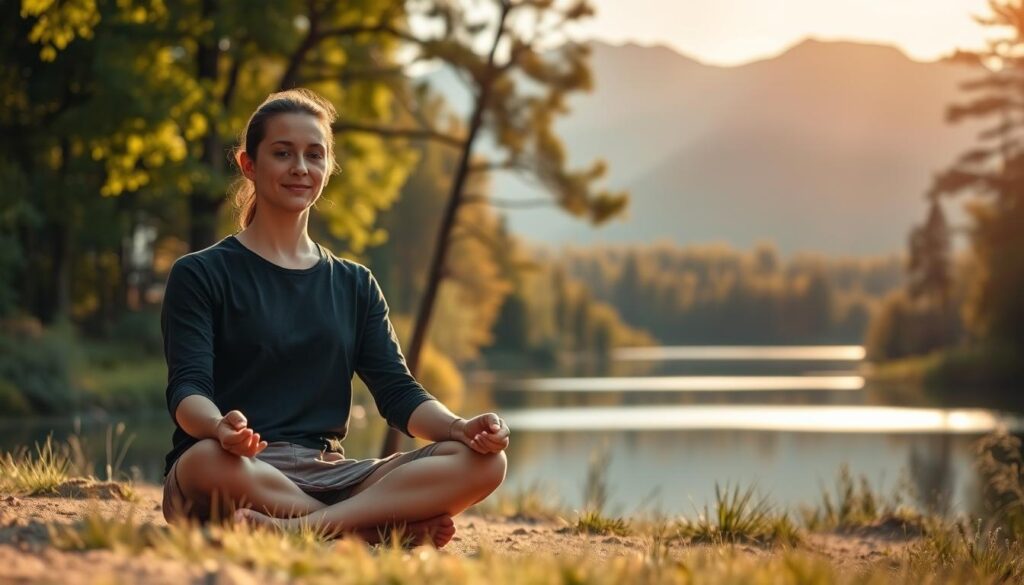 A serene landscape with a person in the foreground, sitting cross-legged in a meditative pose, their face peaceful and calm. Behind them, a lush forest with dappled sunlight filtering through the trees, creating a calming ambiance. In the middle ground, a tranquil lake reflects the natural scenery, its still surface unbroken. In the background, a distant mountain range, its peaks softly shrouded in mist, symbolizing the serenity and balance of the mind. Warm, diffused lighting casts a gentle glow over the entire scene, evoking a sense of inner harmony and well-being.