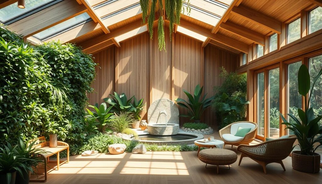 A serene, light-filled indoor space showcasing the principles of biophilic design. In the foreground, a lush, verdant living wall cascades with flourishing greenery. Arranged around it, natural materials like wood, stone, and rattan create a harmonious, earthy palette. Strategically placed skylights and floor-to-ceiling windows bathe the room in warm, diffused daylight, blurring the boundaries between indoors and outdoors. The middle ground features a tranquil water feature, its gentle sounds adding to the calming atmosphere. In the background, a minimalist, organic-shaped furniture arrangement invites relaxation and contemplation, encouraging a deeper connection with the natural elements present. A serene, light-filled indoor space showcasing the principles of biophilic design. In the foreground, a lush, verdant living wall cascades with flourishing greenery. Arranged around it, natural materials like wood, stone, and rattan create a harmonious, earthy palette. Strategically placed skylights and floor-to-ceiling windows bathe the room in warm, diffused daylight, blurring the boundaries between indoors and outdoors. The middle ground features a tranquil water feature, its gentle sounds adding to the calming atmosphere. In the background, a minimalist, organic-shaped furniture arrangement invites relaxation and contemplation, encouraging a deeper connection with the natural elements present.