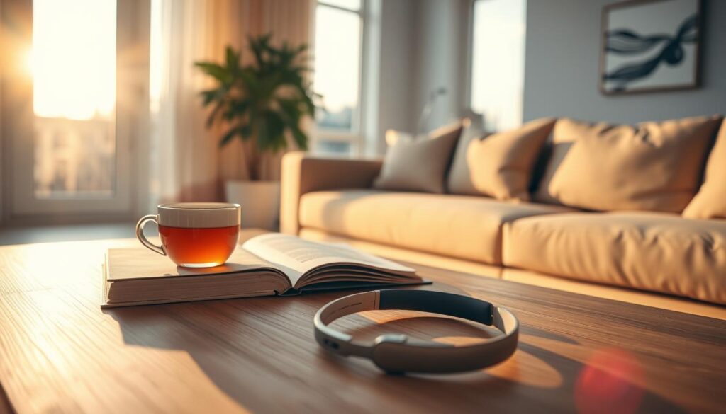 A serene living room at dusk, sunlight filtering through large windows. On a wooden coffee table, a cup of herbal tea, a book, and a pair of wireless headphones resting on a plush rug. In the background, a potted plant and a simple, minimal wall art piece. The room is bathed in a warm, golden glow, creating a sense of tranquility and mindfulness. The composition emphasizes the importance of disconnecting from technology and embracing a healthy lifestyle through simple, grounding activities. A serene living room at dusk, sunlight filtering through large windows. On a wooden coffee table, a cup of herbal tea, a book, and a pair of wireless headphones resting on a plush rug. In the background, a potted plant and a simple, minimal wall art piece. The room is bathed in a warm, golden glow, creating a sense of tranquility and mindfulness. The composition emphasizes the importance of disconnecting from technology and embracing a healthy lifestyle through simple, grounding activities.