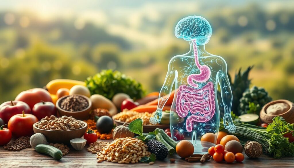 A serene, luminous scene depicting the gut-brain connection in the realm of nutrition psychology. In the foreground, a transparent anatomical model of the digestive system and brain, intricately connected by glowing neural pathways. In the middle ground, a vibrant array of diverse, whole foods - fruits, vegetables, grains, and legumes - arranged in a harmonious composition. The background features a soothing, bokeh-filled landscape, with soft natural light filtering through. The overall mood is one of balance, integration, and the profound interplay between physical and mental well-being.
