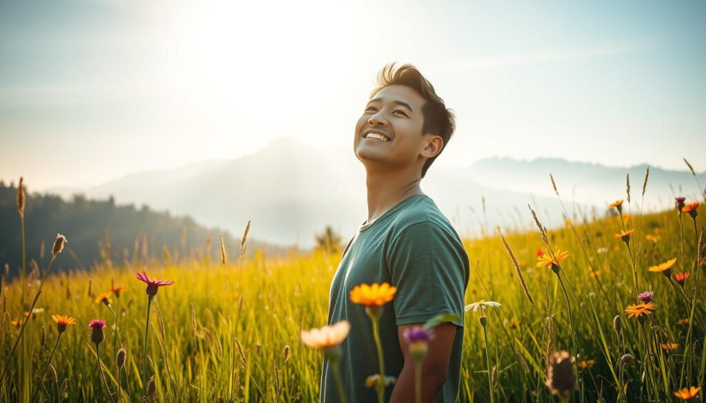 A serene meadow, sunlight dappling through the tall grass. In the foreground, a person stands with shoulders back, gaze lifted skyward - their expression radiant with newfound confidence. Surrounding them, vibrant wildflowers bloom, symbolizing the blossoming of inner strength. The middle ground features a misty mountain range, representing the challenges overcome. Warm, soft lighting casts a hopeful glow, as if illuminating the subject's transformed mindset. Captured with a wide-angle lens to convey a sense of expansiveness and possibility. An image of personal growth, of shedding self-doubt and embracing self-belief. A serene meadow, sunlight dappling through the tall grass. In the foreground, a person stands with shoulders back, gaze lifted skyward - their expression radiant with newfound confidence. Surrounding them, vibrant wildflowers bloom, symbolizing the blossoming of inner strength. The middle ground features a misty mountain range, representing the challenges overcome. Warm, soft lighting casts a hopeful glow, as if illuminating the subject's transformed mindset. Captured with a wide-angle lens to convey a sense of expansiveness and possibility. An image of personal growth, of shedding self-doubt and embracing self-belief.