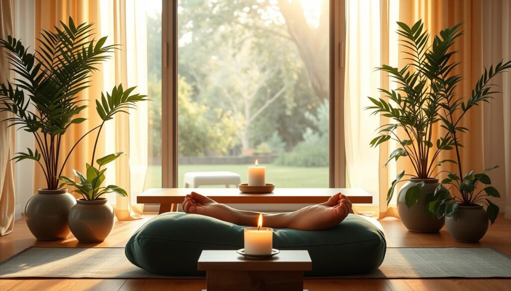 A serene meditation room with warm, diffuse lighting filtering through sheer curtains. In the foreground, a person sits cross-legged on a plush, teal meditation cushion, eyes closed in deep contemplation. Lush, verdant plants in ceramic pots flank the meditator, creating a peaceful, nature-inspired ambiance. The middle ground features a sleek, minimalist wooden table with a single flickering candle, its gentle flame casting a soft, calming glow. In the background, a large window overlooking a tranquil, sun-dappled garden scene, further enhancing the sense of connection with the natural world. An aura of focused concentration and creative inspiration permeates the space. A serene meditation room with warm, diffuse lighting filtering through sheer curtains. In the foreground, a person sits cross-legged on a plush, teal meditation cushion, eyes closed in deep contemplation. Lush, verdant plants in ceramic pots flank the meditator, creating a peaceful, nature-inspired ambiance. The middle ground features a sleek, minimalist wooden table with a single flickering candle, its gentle flame casting a soft, calming glow. In the background, a large window overlooking a tranquil, sun-dappled garden scene, further enhancing the sense of connection with the natural world. An aura of focused concentration and creative inspiration permeates the space.