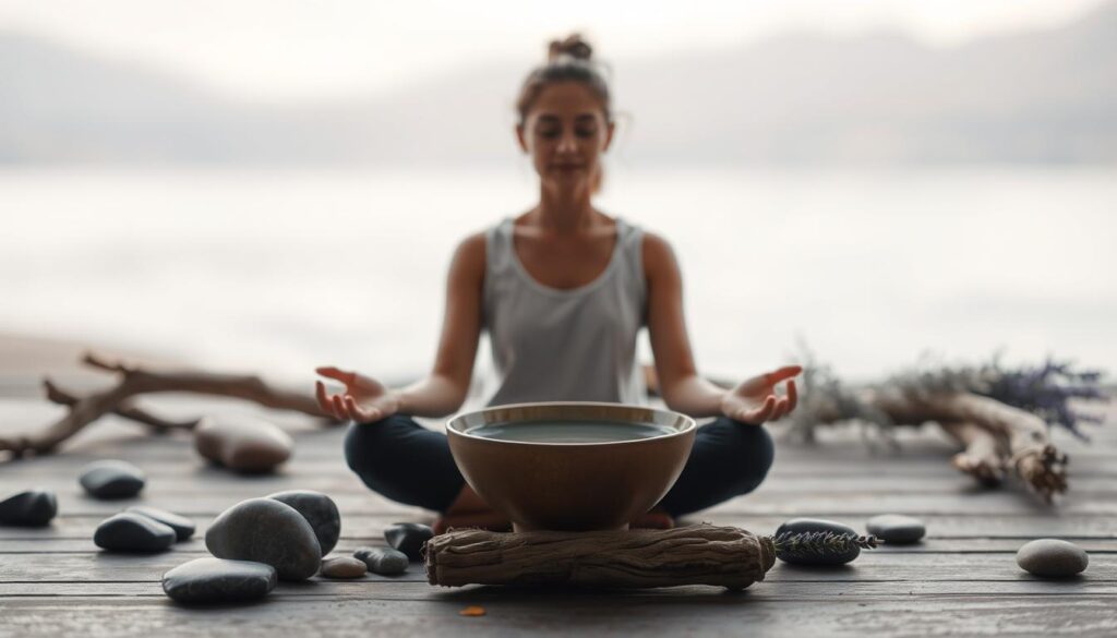 A serene, minimalist composition depicting various mindfulness techniques. In the foreground, a person sitting cross-legged, eyes closed, hands in a meditative mudra, surrounded by natural elements like river stones, driftwood, and a sprig of lavender. In the middle ground, a bowl of water, symbolizing the tranquility of the present moment. The background features a softly blurred landscape, with muted colors evoking a sense of calm and introspection. Soft, diffused lighting illuminates the scene, creating a peaceful, introspective atmosphere. The overall aesthetic is one of simplicity, balance, and quiet contemplation, reflecting the themes of sharing and reflecting on one's journaling insights.