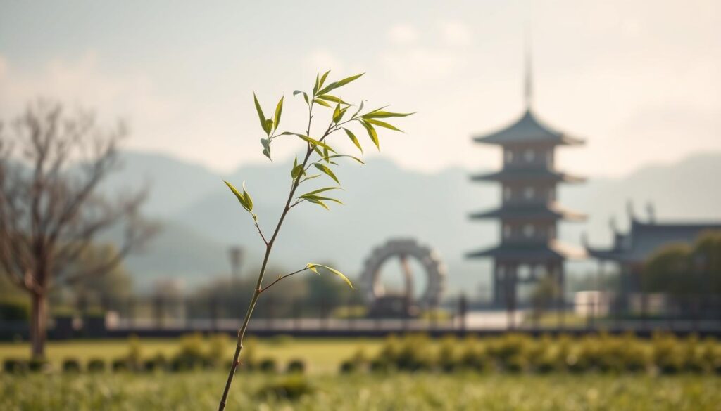A serene, minimalist garden with a single, graceful bamboo plant swaying gently in the breeze. The background features a tranquil, blurred Japanese-inspired landscape, with a hint of a pagoda in the distance. Soft, diffused natural lighting bathes the scene, creating a calming atmosphere. The camera angle is slightly elevated, offering a contemplative, bird's-eye view of the peaceful tableau. The overall mood is one of introspection, stillness, and mindful connection with the natural world. A serene, minimalist garden with a single, graceful bamboo plant swaying gently in the breeze. The background features a tranquil, blurred Japanese-inspired landscape, with a hint of a pagoda in the distance. Soft, diffused natural lighting bathes the scene, creating a calming atmosphere. The camera angle is slightly elevated, offering a contemplative, bird's-eye view of the peaceful tableau. The overall mood is one of introspection, stillness, and mindful connection with the natural world.