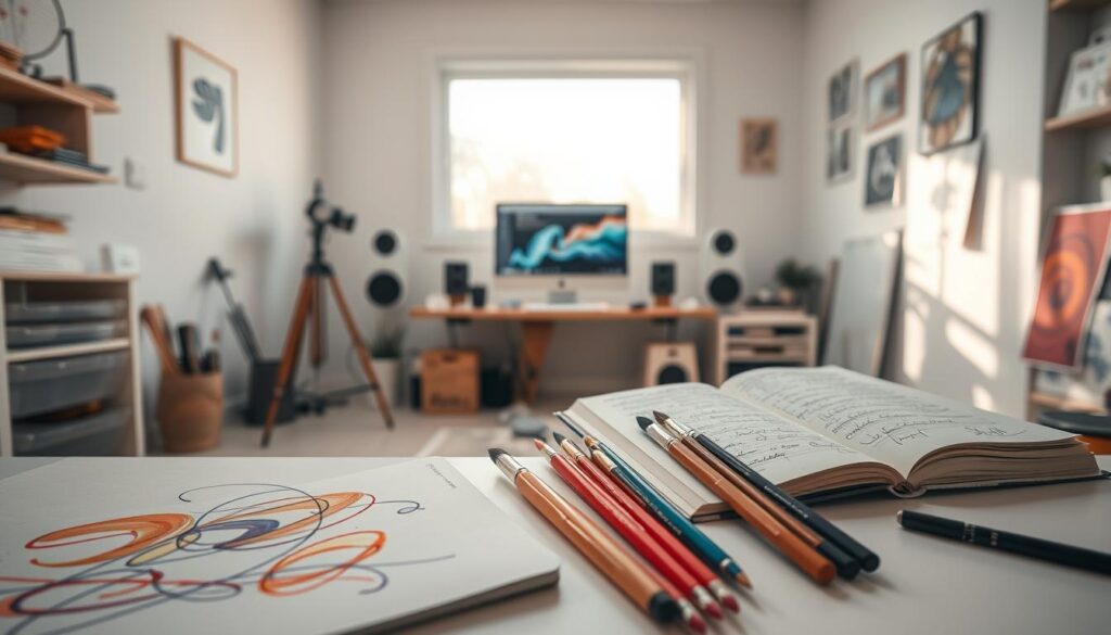 A serene, minimalist studio space filled with artistic tools and implements. In the foreground, various creative techniques are highlighted - a sketchpad with colorful abstract doodles, a set of vibrant paint brushes, and an open notebook with flowing calligraphic script. The middle ground features a desktop computer with a social media interface, contrasting the analog creative process with the digital realm. Soft, natural lighting filters in from a large window, casting a warm, contemplative glow over the scene. The overall atmosphere evokes a sense of thoughtful introspection and the symbiotic relationship between traditional and modern creativity. A serene, minimalist studio space filled with artistic tools and implements. In the foreground, various creative techniques are highlighted - a sketchpad with colorful abstract doodles, a set of vibrant paint brushes, and an open notebook with flowing calligraphic script. The middle ground features a desktop computer with a social media interface, contrasting the analog creative process with the digital realm. Soft, natural lighting filters in from a large window, casting a warm, contemplative glow over the scene. The overall atmosphere evokes a sense of thoughtful introspection and the symbiotic relationship between traditional and modern creativity.