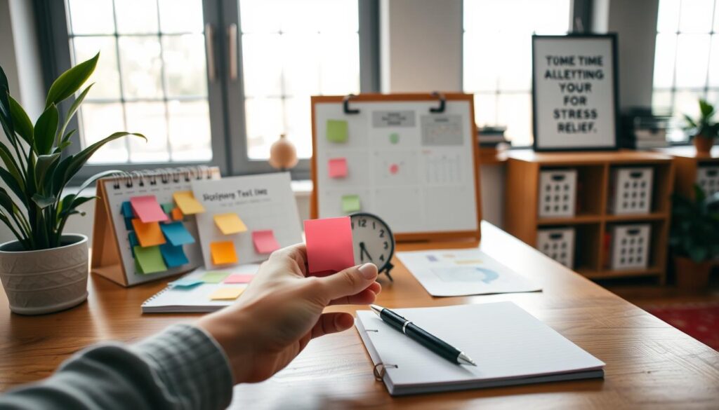 A serene office workspace with a wooden desk, a tidy calendar, and a potted plant. In the foreground, a person's hands artfully arrange colorful sticky notes, symbolizing the organization and prioritization of tasks. Soft, natural light filters through large windows, creating a calming atmosphere. The middle ground features a strategically placed analog clock and a pen resting on a notepad, conveying the importance of time management. The background showcases a minimalist bookshelf and a framed motivational quote, reinforcing the theme of effective time utilization for stress relief.