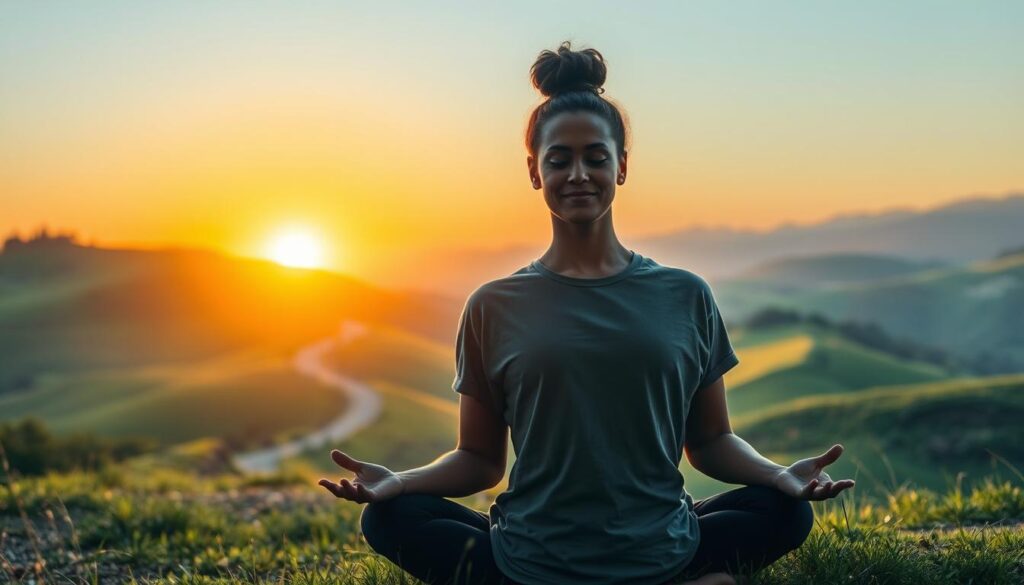 A serene outdoor scene depicting personal growth and resilience. In the foreground, a person sits in a meditative pose, their face reflecting a sense of tranquility and inner strength. The middle ground features a lush, verdant landscape with rolling hills and a winding path, symbolizing the journey of self-discovery. In the background, a stunning sunset casts a warm, golden glow, evoking a sense of hope and renewal. The scene is bathed in soft, natural lighting, creating a calming and inspiring atmosphere. The composition draws the viewer's attention inward, inviting them to reflect on their own personal development and the power of resilience and effective communication. A serene outdoor scene depicting personal growth and resilience. In the foreground, a person sits in a meditative pose, their face reflecting a sense of tranquility and inner strength. The middle ground features a lush, verdant landscape with rolling hills and a winding path, symbolizing the journey of self-discovery. In the background, a stunning sunset casts a warm, golden glow, evoking a sense of hope and renewal. The scene is bathed in soft, natural lighting, creating a calming and inspiring atmosphere. The composition draws the viewer's attention inward, inviting them to reflect on their own personal development and the power of resilience and effective communication.