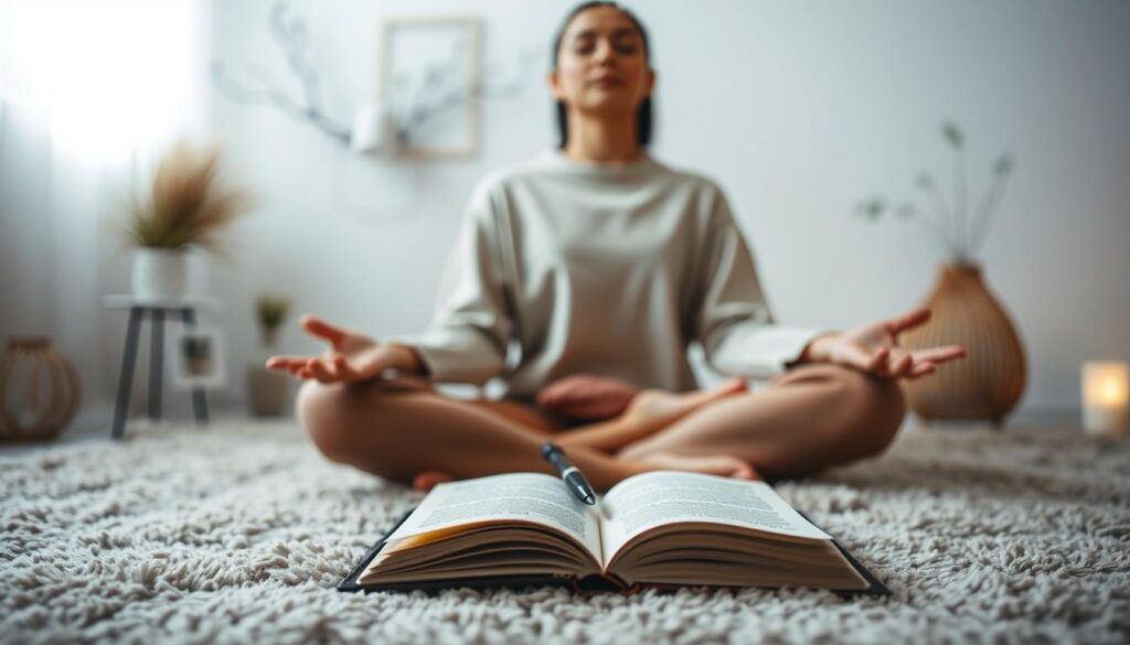 A serene scene of a person sitting cross-legged on a plush, muted-toned rug, eyes closed in meditation. Soft, diffused lighting illuminates their face, conveying a sense of inner calm and focus. In the foreground, an open journal rests on the person's lap, a pen poised above the pages, ready to capture their reflections. The background subtly blurs into a tranquil, nature-inspired environment, with minimal decorative elements that reinforce the theme of mindfulness and introspection. The overall mood is one of contemplation, emotional release, and the therapeutic power of journaling.