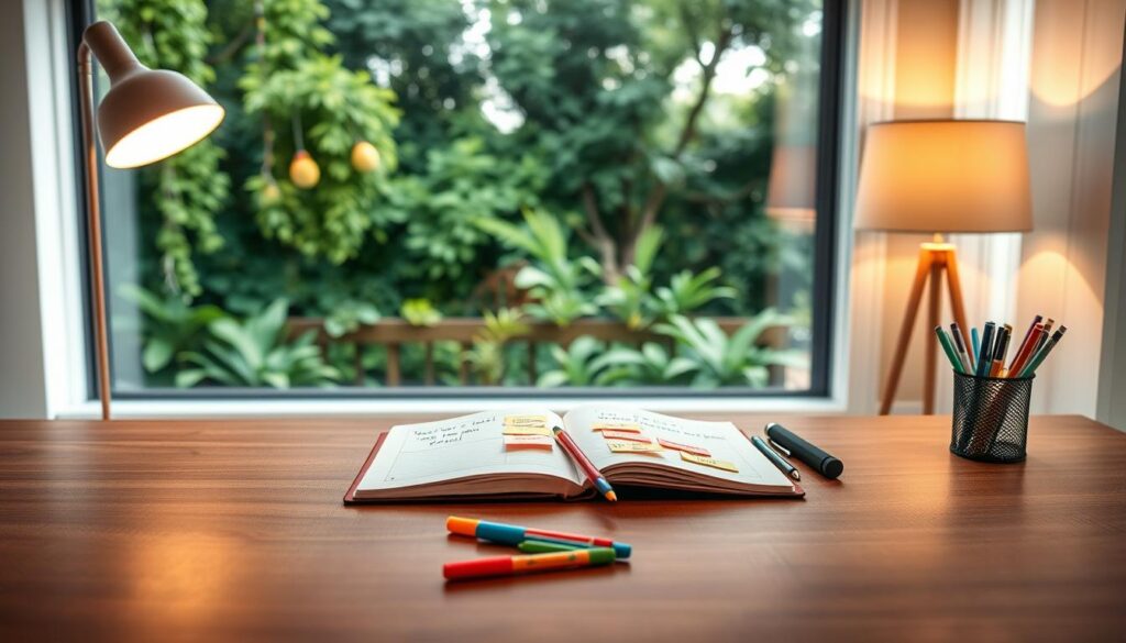 A serene study space with an expansive wooden desk, a warm lamp casting a soft glow, and a large window overlooking a lush, verdant garden. On the desk, an open notebook, colored pens, and sticky notes detailing carefully curated learning goals, each one distinct and achievable. The overall scene exudes a sense of focus, organization, and a commitment to lifelong learning, inviting the viewer to immerse themselves in the process of setting and pursuing meaningful educational objectives. A serene study space with an expansive wooden desk, a warm lamp casting a soft glow, and a large window overlooking a lush, verdant garden. On the desk, an open notebook, colored pens, and sticky notes detailing carefully curated learning goals, each one distinct and achievable. The overall scene exudes a sense of focus, organization, and a commitment to lifelong learning, inviting the viewer to immerse themselves in the process of setting and pursuing meaningful educational objectives.