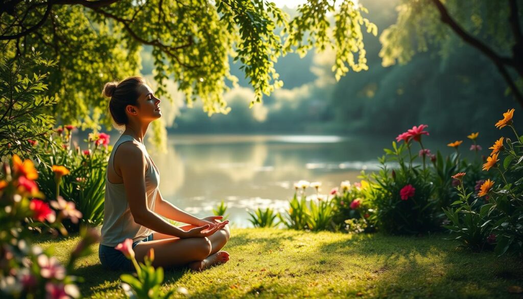 A serene, sun-dappled garden, its lush foliage and vibrant flowers symbolizing the blossoming of self-improvement. In the foreground, a person sits cross-legged, eyes closed, their expression one of deep focus and inner calm. Surrounding them, delicate wisps of energy, representing the mindful connection between body and mind. The background features a tranquil pond, its still waters reflecting the verdant landscape, evoking a sense of balance and harmony. The lighting is soft and diffused, creating a warm, contemplative atmosphere. A wide-angle lens captures the scene, emphasizing the holistic nature of the self-improvement journey. A serene, sun-dappled garden, its lush foliage and vibrant flowers symbolizing the blossoming of self-improvement. In the foreground, a person sits cross-legged, eyes closed, their expression one of deep focus and inner calm. Surrounding them, delicate wisps of energy, representing the mindful connection between body and mind. The background features a tranquil pond, its still waters reflecting the verdant landscape, evoking a sense of balance and harmony. The lighting is soft and diffused, creating a warm, contemplative atmosphere. A wide-angle lens captures the scene, emphasizing the holistic nature of the self-improvement journey.