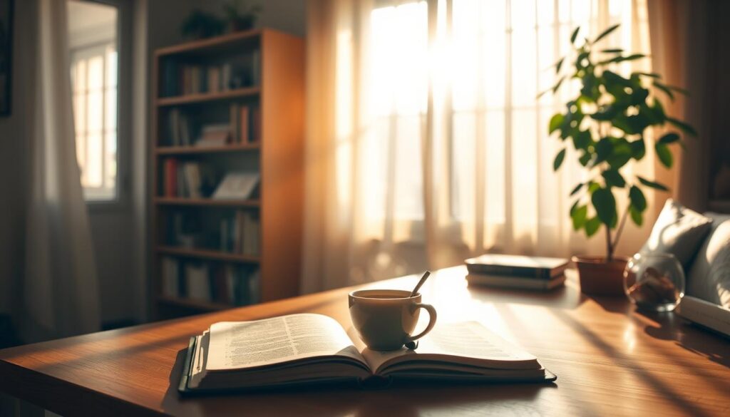 A serene, sun-dappled home office, the desk illuminated by warm, soft light filtering through sheer curtains. On the desk, an open journal, a pen, and a cup of steaming tea, signifying a moment of quiet reflection. In the background, a bookshelf and a plant, creating a cozy, contemplative atmosphere. The scene conveys a sense of personal growth, with the journal representing the process of introspection and self-discovery. The overall mood is one of tranquility, focus, and a sense of personal progress. A serene, sun-dappled home office, the desk illuminated by warm, soft light filtering through sheer curtains. On the desk, an open journal, a pen, and a cup of steaming tea, signifying a moment of quiet reflection. In the background, a bookshelf and a plant, creating a cozy, contemplative atmosphere. The scene conveys a sense of personal growth, with the journal representing the process of introspection and self-discovery. The overall mood is one of tranquility, focus, and a sense of personal progress.