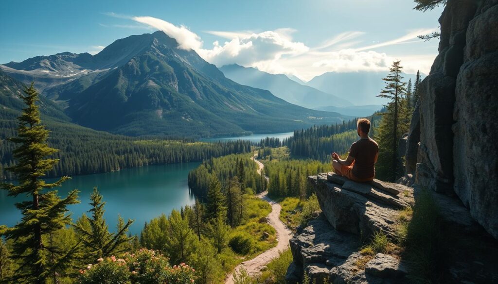 A serene, sun-dappled landscape with a rocky cliff face overlooking a tranquil lake. In the foreground, a lone individual sits cross-legged, meditating on the edge of the precipice, surrounded by lush foliage and wildflowers. Soft, diffused lighting illuminates the scene, creating a sense of inner calm and focus. The figure's posture conveys a sense of peaceful contemplation, symbolizing the journey of overcoming obstacles to intentional living. In the middle ground, a winding path leads through the verdant forest, inviting the viewer to embark on their own path of self-discovery. The background features a majestic mountain range, its peaks touching the wispy clouds above, evoking a feeling of perspective and the vastness of the natural world. A serene, sun-dappled landscape with a rocky cliff face overlooking a tranquil lake. In the foreground, a lone individual sits cross-legged, meditating on the edge of the precipice, surrounded by lush foliage and wildflowers. Soft, diffused lighting illuminates the scene, creating a sense of inner calm and focus. The figure's posture conveys a sense of peaceful contemplation, symbolizing the journey of overcoming obstacles to intentional living. In the middle ground, a winding path leads through the verdant forest, inviting the viewer to embark on their own path of self-discovery. The background features a majestic mountain range, its peaks touching the wispy clouds above, evoking a feeling of perspective and the vastness of the natural world.