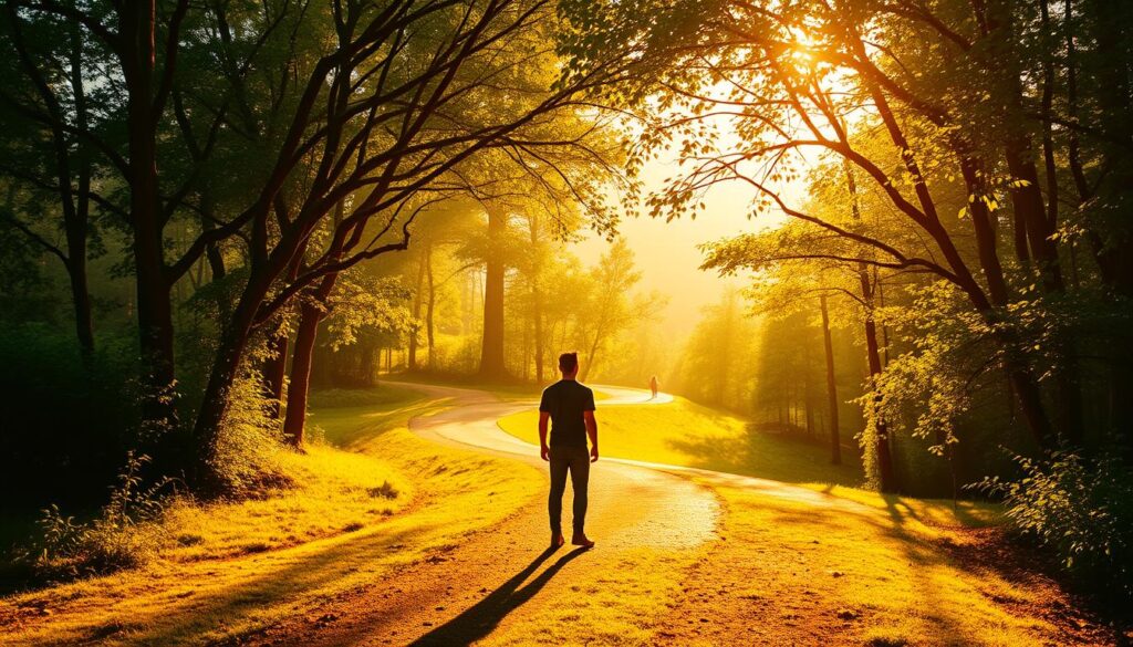 A serene, sun-dappled landscape with a winding path leading through a lush, verdant forest. In the foreground, a solitary figure stands at a crossroads, gazing introspectively down the diverging paths before them. Warm, golden light filters through the canopy, casting a hopeful glow on the scene. The figure's posture conveys a sense of contemplation and determination, symbolizing the overcoming of fear and the embrace of personal growth. The background fades into soft, dreamlike hues, creating a sense of tranquility and introspection. The composition is balanced and harmonious, guiding the viewer's eye towards the central figure and the metaphorical choice they face. A serene, sun-dappled landscape with a winding path leading through a lush, verdant forest. In the foreground, a solitary figure stands at a crossroads, gazing introspectively down the diverging paths before them. Warm, golden light filters through the canopy, casting a hopeful glow on the scene. The figure's posture conveys a sense of contemplation and determination, symbolizing the overcoming of fear and the embrace of personal growth. The background fades into soft, dreamlike hues, creating a sense of tranquility and introspection. The composition is balanced and harmonious, guiding the viewer's eye towards the central figure and the metaphorical choice they face.