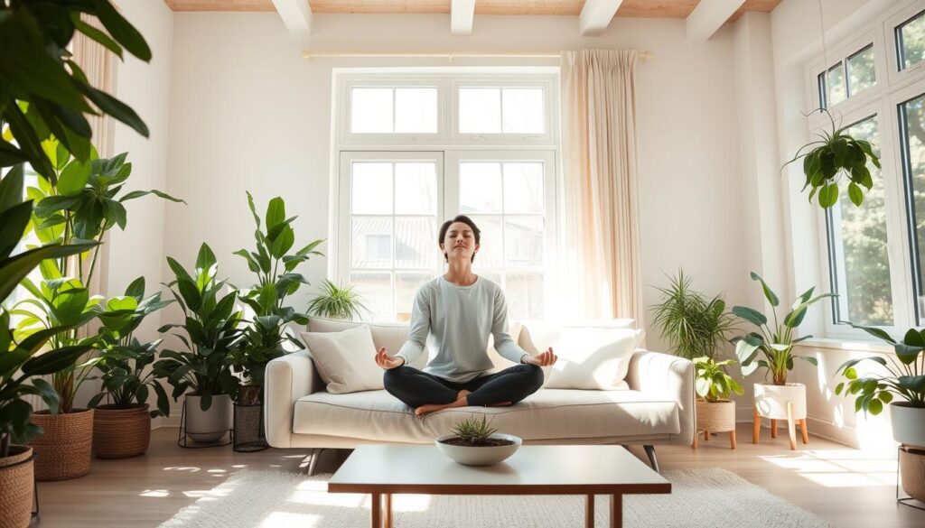 A serene, sun-dappled living room filled with lush potted plants, natural light streaming in through large windows. A person sits cross-legged on a plush sofa, eyes closed in meditation, radiating a sense of tranquility and inner peace. Soft neutral tones create a calming atmosphere, while a stylish mid-century modern coffee table and minimalist decor convey a refined, elevated lifestyle. The scene suggests a harmonious balance between the individual and their surroundings, reflecting the positive changes and personal growth that can result from a sabbatical or extended break. A serene, sun-dappled living room filled with lush potted plants, natural light streaming in through large windows. A person sits cross-legged on a plush sofa, eyes closed in meditation, radiating a sense of tranquility and inner peace. Soft neutral tones create a calming atmosphere, while a stylish mid-century modern coffee table and minimalist decor convey a refined, elevated lifestyle. The scene suggests a harmonious balance between the individual and their surroundings, reflecting the positive changes and personal growth that can result from a sabbatical or extended break.