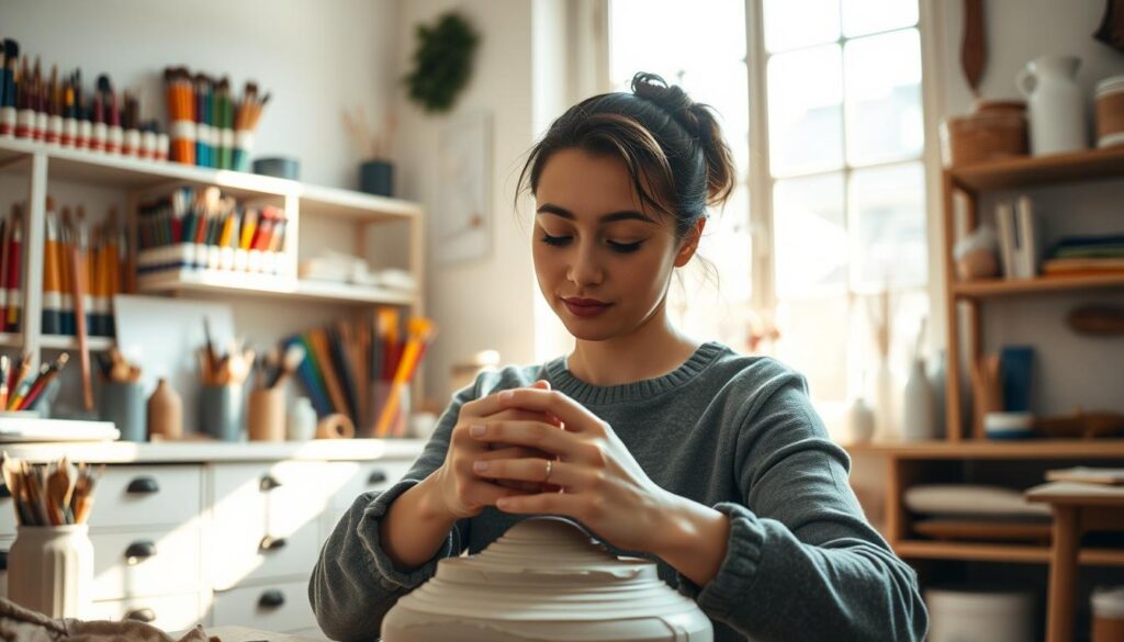 A serene, sun-dappled studio space filled with the tools of artistic creation. In the foreground, a person's hands gently molding clay, their expression one of deep focus and inner calm. Shelves in the middle ground display vibrant brushes, paints, and sketchpads, hinting at the creative process. The background frames a large window, allowing natural light to pour in and cast a warm, contemplative glow over the scene. The overall mood is one of tranquility and the sense of psychological well-being that comes from the act of making art without judgment or constraint. A serene, sun-dappled studio space filled with the tools of artistic creation. In the foreground, a person's hands gently molding clay, their expression one of deep focus and inner calm. Shelves in the middle ground display vibrant brushes, paints, and sketchpads, hinting at the creative process. The background frames a large window, allowing natural light to pour in and cast a warm, contemplative glow over the scene. The overall mood is one of tranquility and the sense of psychological well-being that comes from the act of making art without judgment or constraint.
