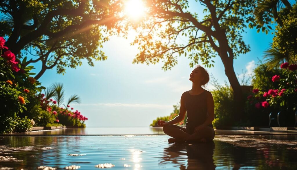 A serene, sun-drenched garden oasis, lush with vibrant flowers and verdant foliage. In the foreground, a tranquil pond reflects the azure sky, its surface rippling gently. Silhouetted against the backdrop, a figure sits cross-legged in a meditative pose, their face turned skyward, embracing the moment of solace and inner calm. Soft, diffused lighting filters through the canopy of trees, casting a warm, golden glow and evoking a sense of rejuvenation and well-being. The overall atmosphere is one of peace, balance, and the profound benefits of taking a mindful break from the demands of daily life. A serene, sun-drenched garden oasis, lush with vibrant flowers and verdant foliage. In the foreground, a tranquil pond reflects the azure sky, its surface rippling gently. Silhouetted against the backdrop, a figure sits cross-legged in a meditative pose, their face turned skyward, embracing the moment of solace and inner calm. Soft, diffused lighting filters through the canopy of trees, casting a warm, golden glow and evoking a sense of rejuvenation and well-being. The overall atmosphere is one of peace, balance, and the profound benefits of taking a mindful break from the demands of daily life.