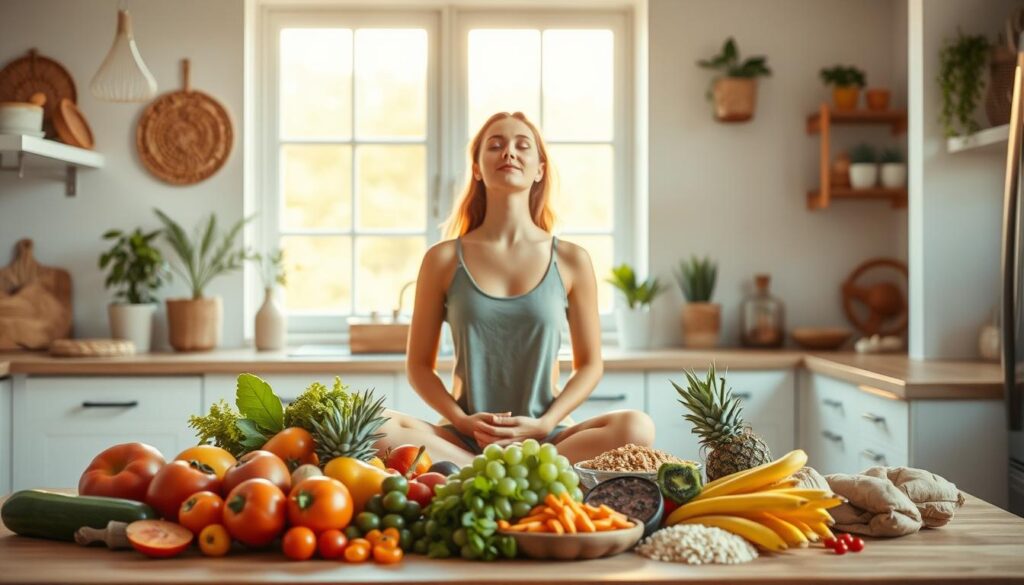 A serene, sun-drenched kitchen scene showcasing the benefits of intuitive eating. In the foreground, a bountiful spread of fresh, colorful produce - fruits, vegetables, and whole grains - arranged artfully on a wooden table. Warm, ambient lighting filters through large windows, casting a golden glow. In the middle ground, a woman sits cross-legged, eyes closed, embodying a sense of mindfulness and connection with her food. The background features calming, nature-inspired decor - potted plants, woven textiles, and minimalist shelving. The overall mood is one of balance, nourishment, and a joyful relationship with food. A serene, sun-drenched kitchen scene showcasing the benefits of intuitive eating. In the foreground, a bountiful spread of fresh, colorful produce - fruits, vegetables, and whole grains - arranged artfully on a wooden table. Warm, ambient lighting filters through large windows, casting a golden glow. In the middle ground, a woman sits cross-legged, eyes closed, embodying a sense of mindfulness and connection with her food. The background features calming, nature-inspired decor - potted plants, woven textiles, and minimalist shelving. The overall mood is one of balance, nourishment, and a joyful relationship with food.