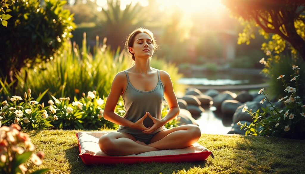 A serene, sunlit garden setting with a person sitting cross-legged on a meditation cushion, their eyes gently closed as they practice mindful breathing. The foreground features the peaceful figure, their hands resting on their lap, a look of tranquility on their face. In the middle ground, lush greenery and blooming flowers surround the meditator, creating a calming, natural ambiance. The background showcases a tranquil pond or stream, its surface reflecting the warm, diffused lighting from above. The entire scene conveys a sense of inner calm, balance, and a retreat from the stresses of everyday life.
