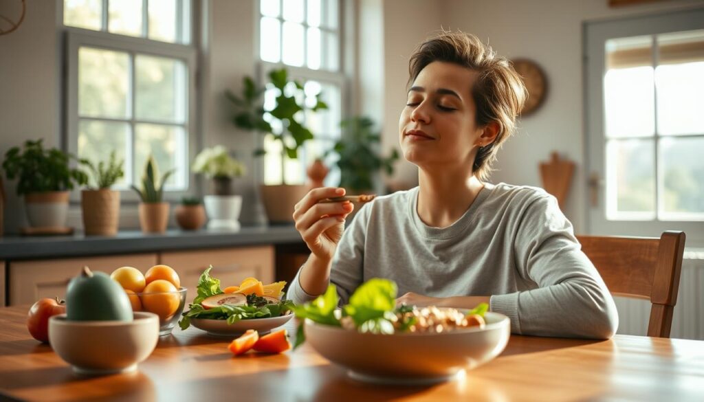 A serene, sunlit kitchen scene. In the foreground, a person sits at a wooden table, mindfully eating a nourishing meal of fresh vegetables, whole grains, and lean protein. Their eyes are closed, expression peaceful, as they savor each bite. The middle ground features potted plants, a bowl of seasonal fruits, and a simple ceramic place setting. The background showcases a warm, natural light streaming through large windows, illuminating the tranquil atmosphere. Soft, diffused lighting casts gentle shadows, inviting a sense of calm introspection. An embodiment of the practice of mindful eating, this image conveys a harmonious balance of the senses, mind, and body. A serene, sunlit kitchen scene. In the foreground, a person sits at a wooden table, mindfully eating a nourishing meal of fresh vegetables, whole grains, and lean protein. Their eyes are closed, expression peaceful, as they savor each bite. The middle ground features potted plants, a bowl of seasonal fruits, and a simple ceramic place setting. The background showcases a warm, natural light streaming through large windows, illuminating the tranquil atmosphere. Soft, diffused lighting casts gentle shadows, inviting a sense of calm introspection. An embodiment of the practice of mindful eating, this image conveys a harmonious balance of the senses, mind, and body.