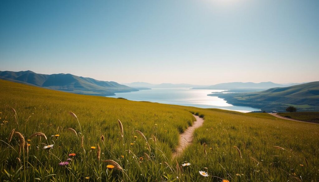 A serene, sunlit meadow with lush, verdant grass and vibrant wildflowers in the foreground. In the middle ground, a meandering path winds through the landscape, inviting the viewer to explore. In the distance, rolling hills and a tranquil lake reflect the azure sky, creating a sense of expansive possibilities. The lighting is warm and diffused, casting a golden glow over the scene. The overall atmosphere is one of tranquility, introspection, and personal growth, encouraging the viewer to embark on a journey of self-discovery. A serene, sunlit meadow with lush, verdant grass and vibrant wildflowers in the foreground. In the middle ground, a meandering path winds through the landscape, inviting the viewer to explore. In the distance, rolling hills and a tranquil lake reflect the azure sky, creating a sense of expansive possibilities. The lighting is warm and diffused, casting a golden glow over the scene. The overall atmosphere is one of tranquility, introspection, and personal growth, encouraging the viewer to embark on a journey of self-discovery.