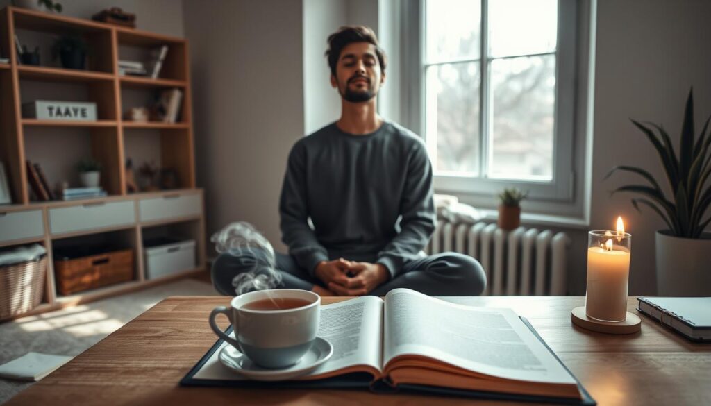 A serene workspace, filled with natural light and minimalist decor, serves as the backdrop for a person deeply engaged in self-reflection. On the desk, a journal lies open, alongside a cup of steaming tea and a single lit candle, casting a warm, contemplative glow. In the foreground, the individual sits cross-legged, eyes closed, their expression one of deep focus and inner peace. The room's neutral tones and clean lines create a sense of tranquility, allowing the subject to fully immerse themselves in the process of personal growth and self-improvement. A serene workspace, filled with natural light and minimalist decor, serves as the backdrop for a person deeply engaged in self-reflection. On the desk, a journal lies open, alongside a cup of steaming tea and a single lit candle, casting a warm, contemplative glow. In the foreground, the individual sits cross-legged, eyes closed, their expression one of deep focus and inner peace. The room's neutral tones and clean lines create a sense of tranquility, allowing the subject to fully immerse themselves in the process of personal growth and self-improvement.