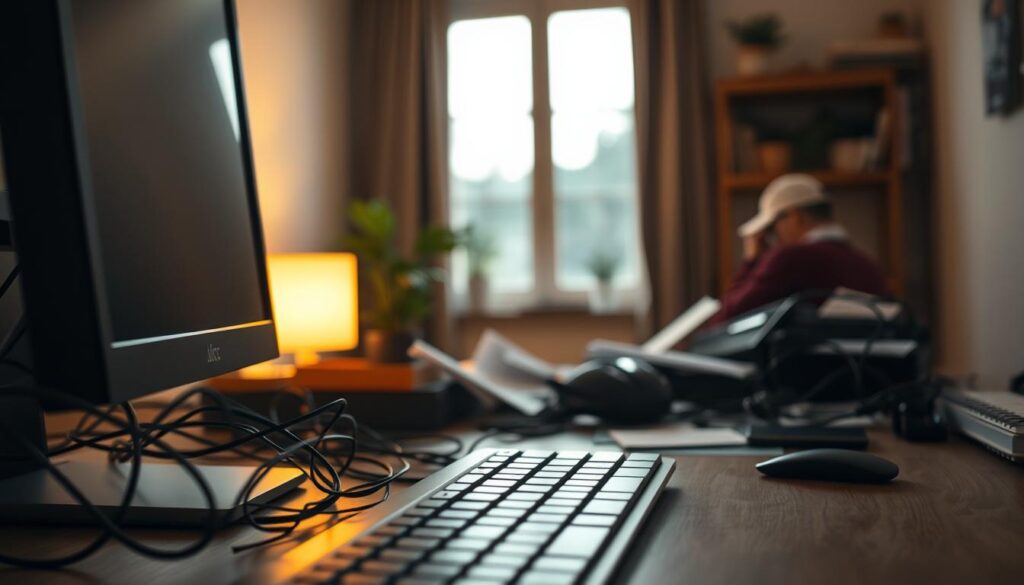 A serene workspace with a computer monitor and keyboard in the foreground, while a jumble of distracting elements - tangled cords, scattered papers, and a buzzing smartphone - crowd the middle ground. In the background, a blurred view through a window suggests the allure of the outdoors, a temptation to abandon focus. Warm, soft lighting illuminates the scene, creating a sense of intimacy and concentration, while the muted color palette evokes a meditative mood. The composition and lighting guide the viewer's eye, underscoring the battle between focus and distraction.