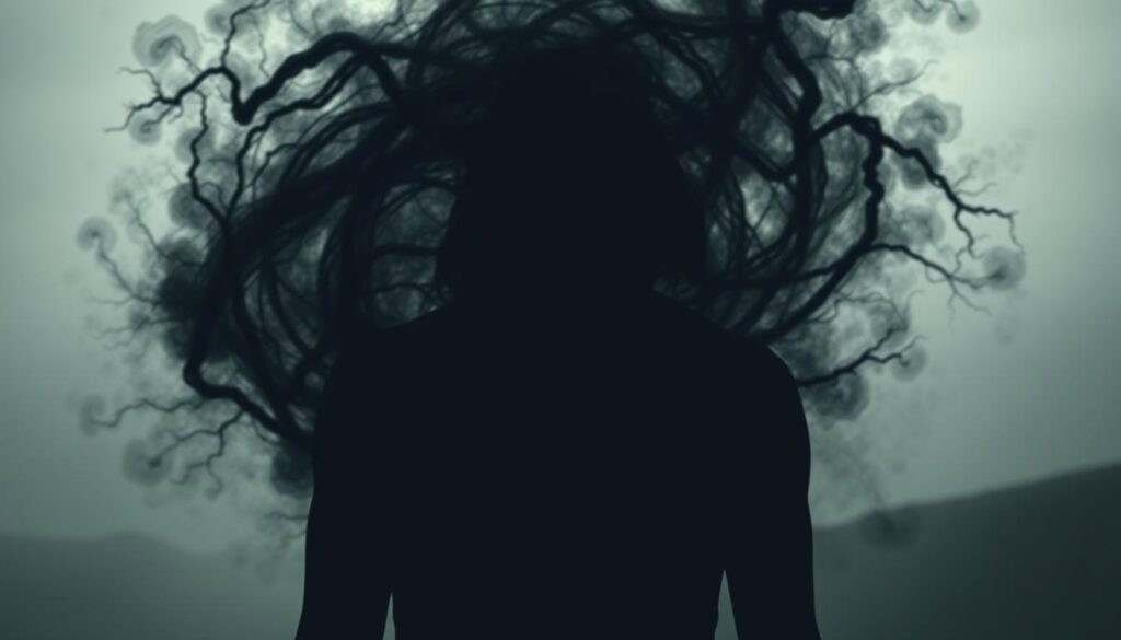 A shadowy figure, head bowed, surrounded by a swirling vortex of dark, formless thoughts. Muted lighting casts a somber, introspective mood, as if the mind is trapped in a deep well of negativity. The figure's posture conveys a sense of resignation, the weight of the thoughts pressing down, inhibiting forward motion. In the background, a hazy, muted landscape suggests the overwhelming, all-encompassing nature of these inner demons. Subtle, textural details add depth and complexity, reflecting the nuanced, multifaceted nature of negative thought patterns. A shadowy figure, head bowed, surrounded by a swirling vortex of dark, formless thoughts. Muted lighting casts a somber, introspective mood, as if the mind is trapped in a deep well of negativity. The figure's posture conveys a sense of resignation, the weight of the thoughts pressing down, inhibiting forward motion. In the background, a hazy, muted landscape suggests the overwhelming, all-encompassing nature of these inner demons. Subtle, textural details add depth and complexity, reflecting the nuanced, multifaceted nature of negative thought patterns.