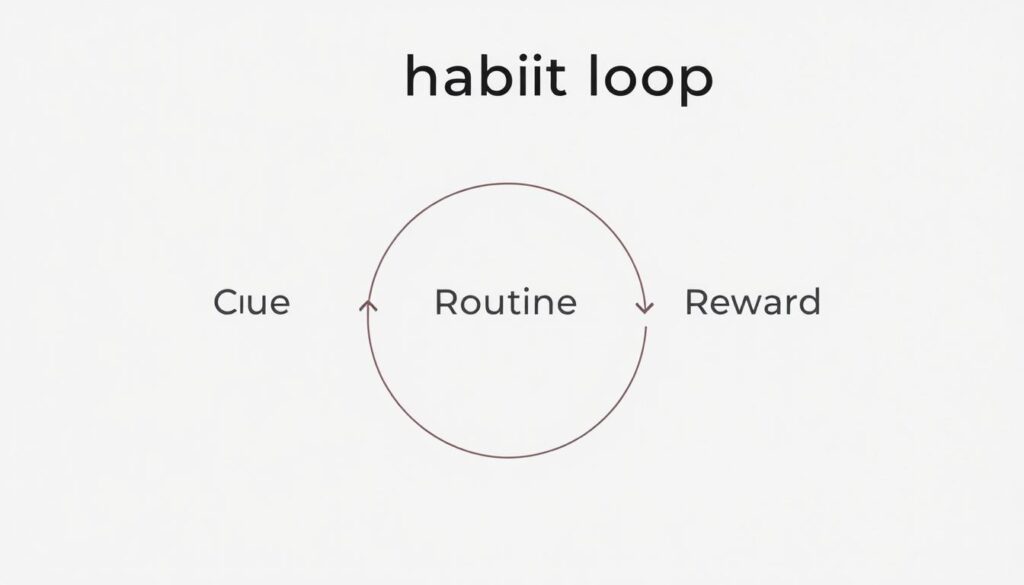 A simple, minimalist diagram illustrating the core components of a habit loop - Cue, Routine, and Reward. The diagram should have a clean, modern aesthetic with muted, pastel-like colors. The elements should be clearly defined and arranged in a logical, easy-to-understand layout. The cue, routine, and reward should be depicted using simple geometric shapes and icons, with subtle visual connections between them. The overall mood should be informative and educational, conveying the key concepts in a visually engaging manner. The lighting should be soft and diffused, creating a calm, professional atmosphere. The camera angle should be straight-on, with a slight elevation to provide a clear, unobstructed view of the diagram. A simple, minimalist diagram illustrating the core components of a habit loop - Cue, Routine, and Reward. The diagram should have a clean, modern aesthetic with muted, pastel-like colors. The elements should be clearly defined and arranged in a logical, easy-to-understand layout. The cue, routine, and reward should be depicted using simple geometric shapes and icons, with subtle visual connections between them. The overall mood should be informative and educational, conveying the key concepts in a visually engaging manner. The lighting should be soft and diffused, creating a calm, professional atmosphere. The camera angle should be straight-on, with a slight elevation to provide a clear, unobstructed view of the diagram.